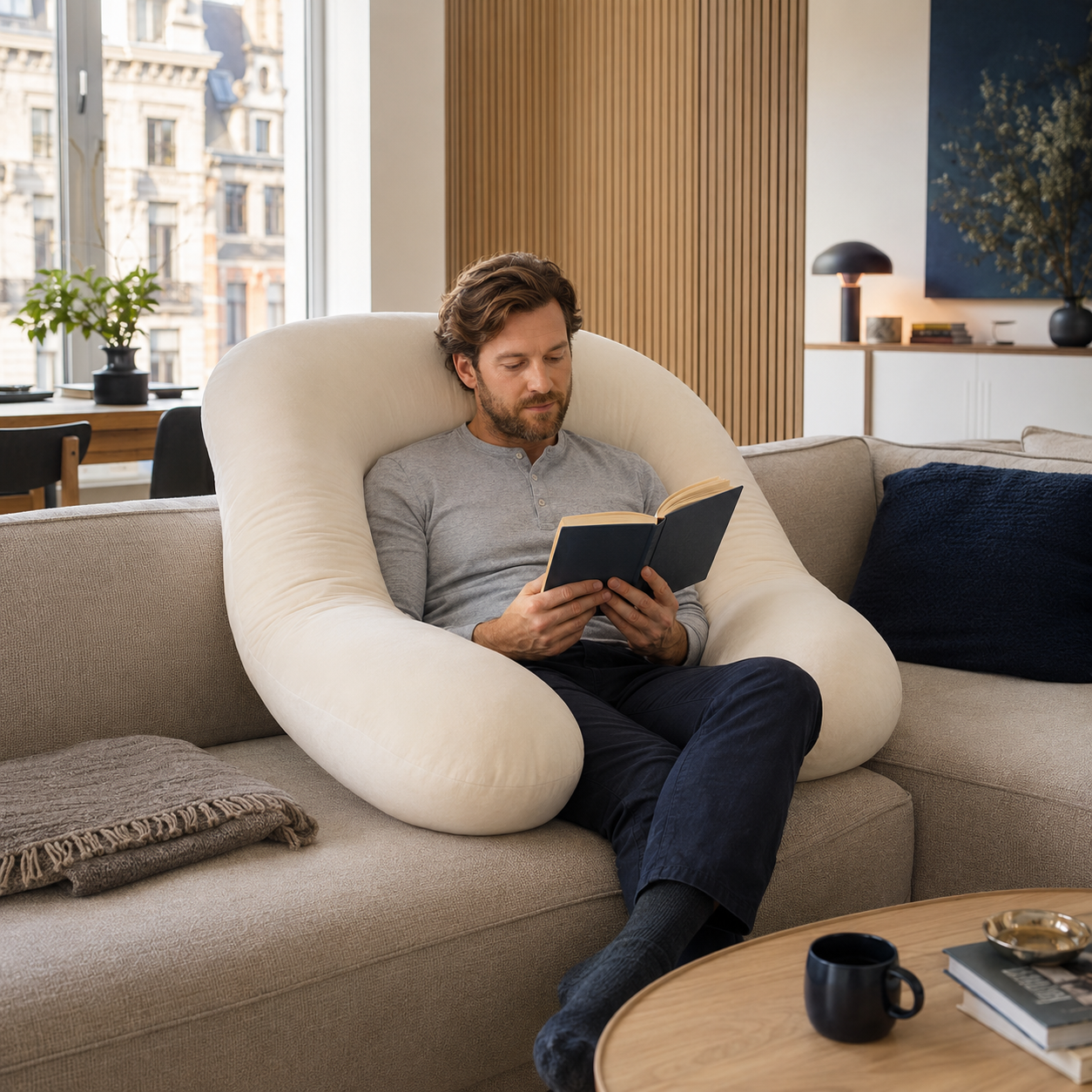 U-vormig Cocoon lichaamskussen gebruikt tijdens het lezen
