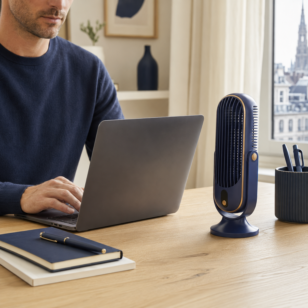 Slaapco AirFlow Mini op een bureau naast een laptop