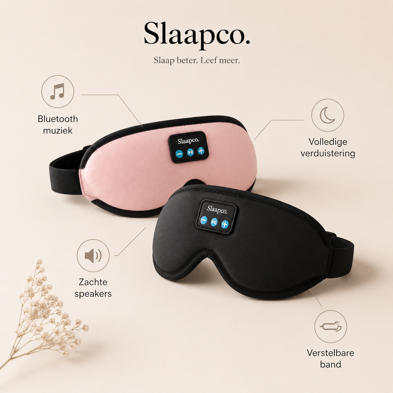 SlaapCo Bluetooth slaapmasker roze en zwart met functies bluetooth muziek verduistering speakers en verstelbare band