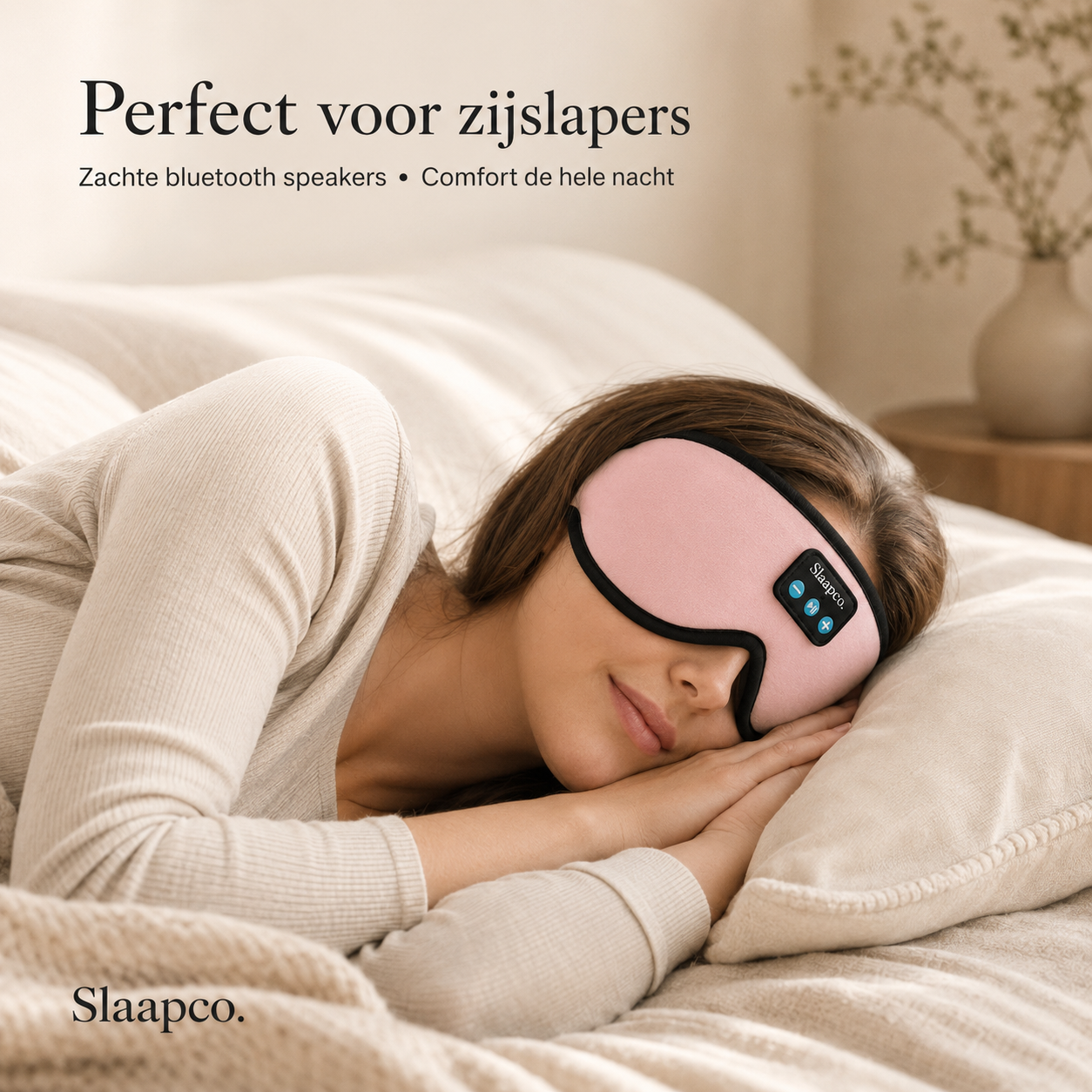 SlaapCo Bluetooth slaapmasker roze voor zijslapers met zachte speakers en comfort de hele nacht