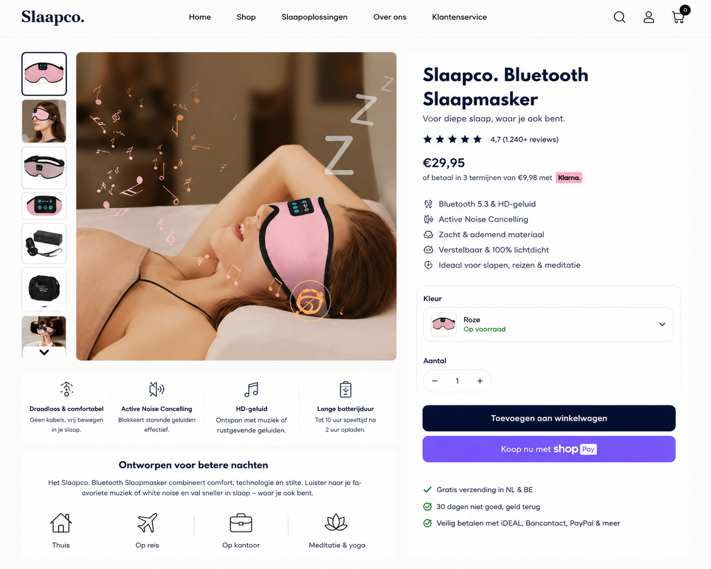 SlaapCo premium productbeeld van Bluetooth slaapmasker met muziek en slaapcomfort