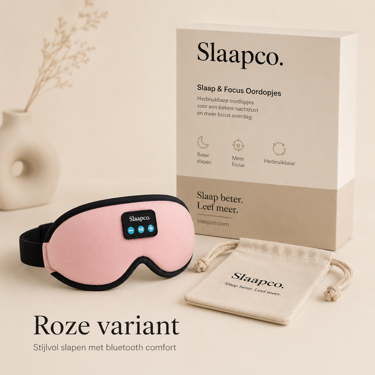 SlaapCo roze Bluetooth slaapmasker productfoto met verpakking en opbergzakje