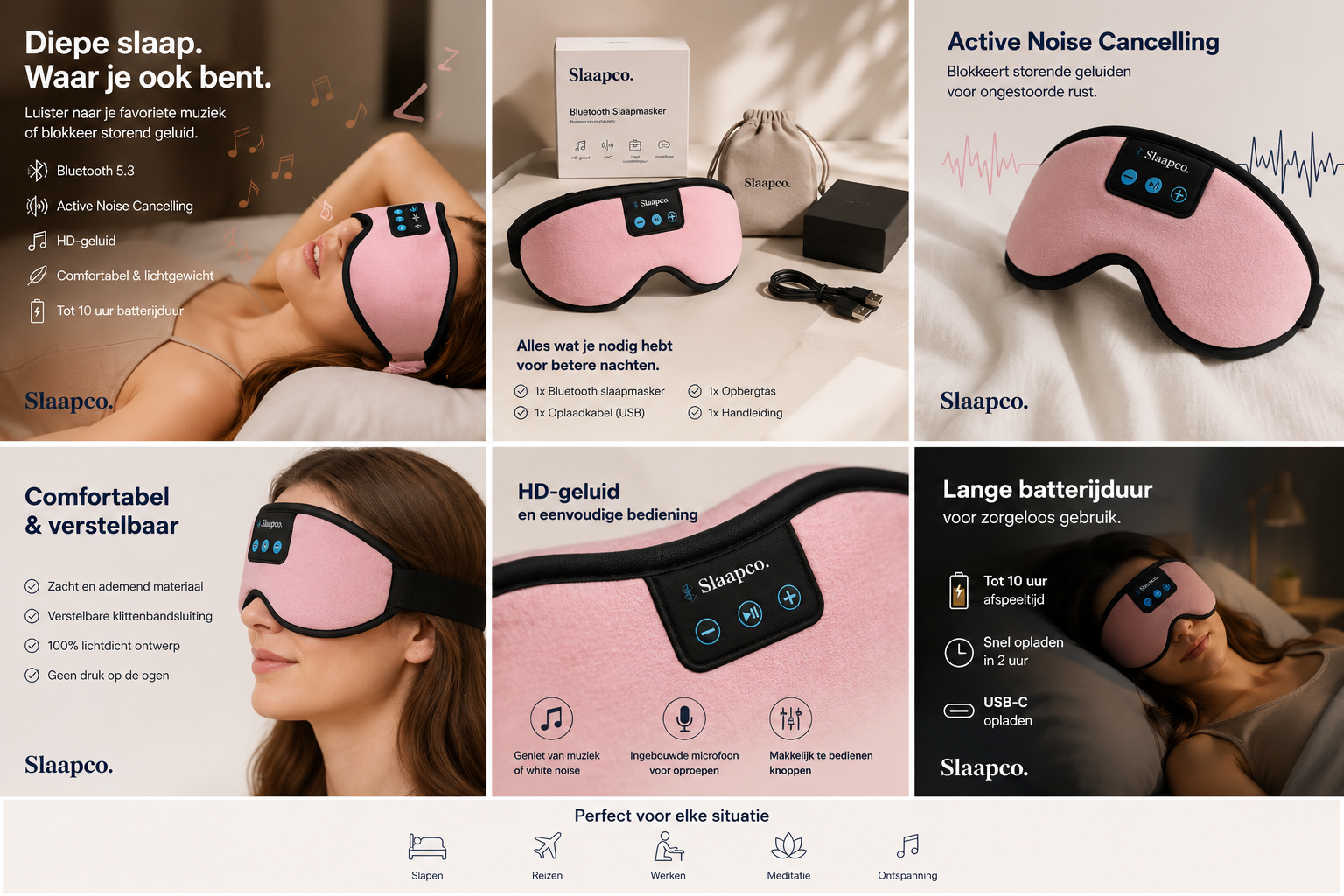 SlaapCo UGC stijl productbeelden met voordelen van Bluetooth slaapmasker