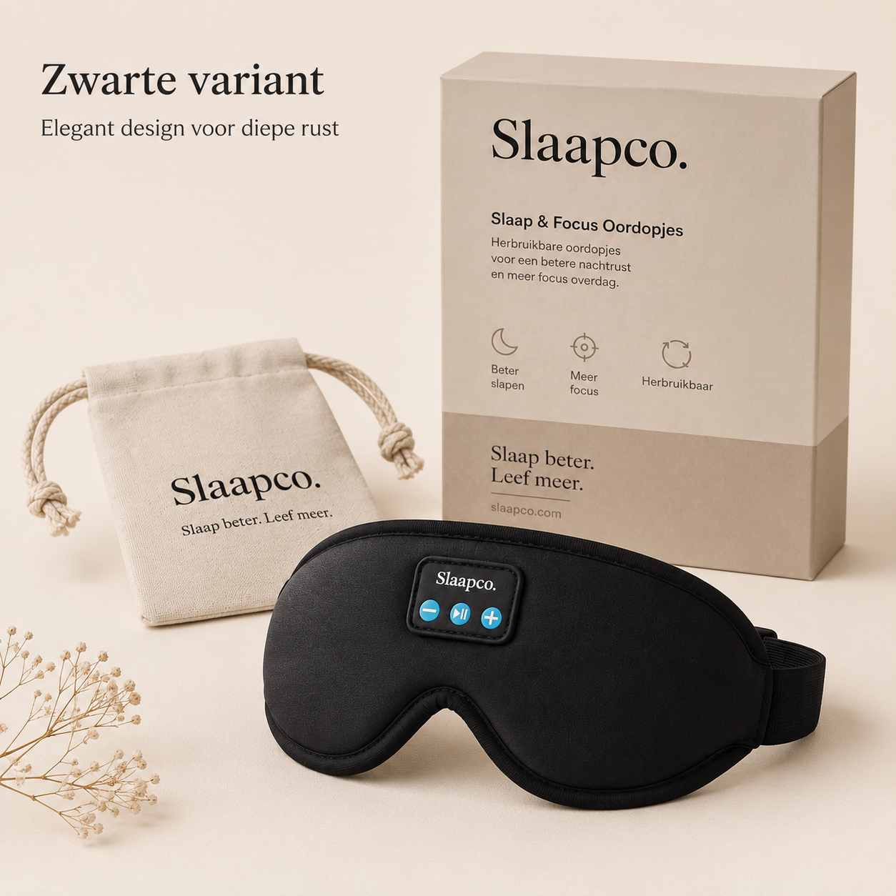 SlaapCo zwarte Bluetooth slaapmasker productfoto met verpakking en opbergzakje
