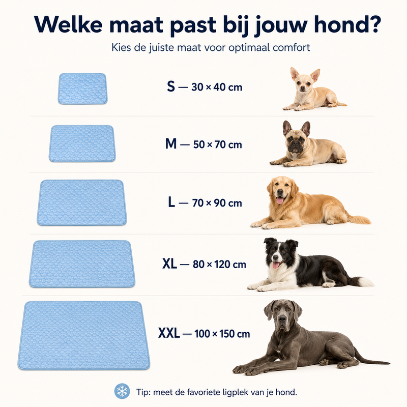Nederlandse maattabel Slaapco CoolPet met vijf hondenrassen