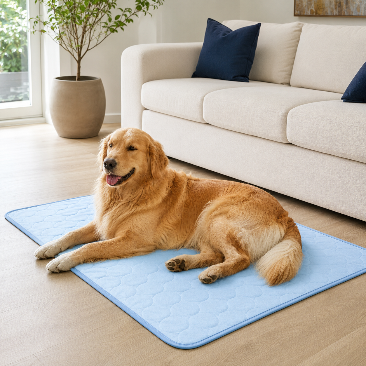 Golden retriever rust op een lichtblauwe IceSilk koelmat