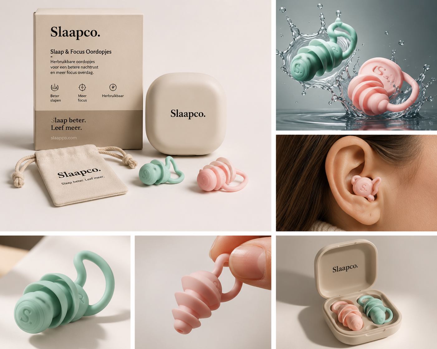 SlaapCo studio productfoto collage van silicone oordopjes voor slapen focus reizen en zwemmen